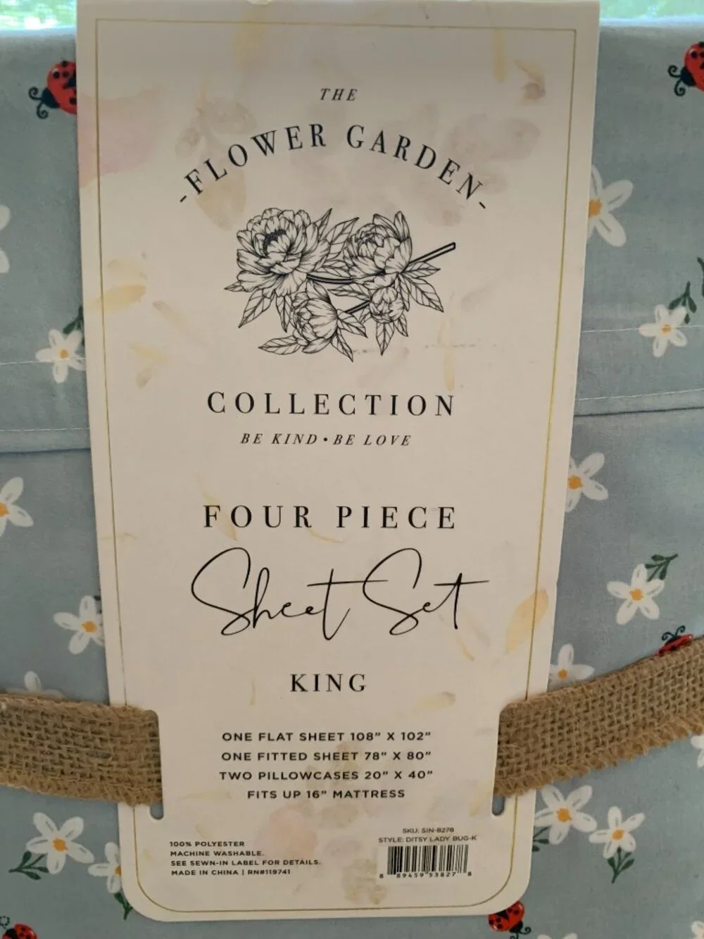 🌼🐞 NWT King Sheet Set Blue Daisy Ladybug Floral Cottagecore 4pc
